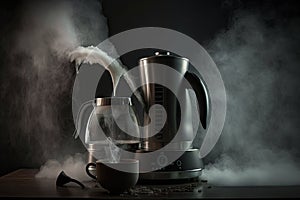 geyser coffee maker being used, with steam and hot water pouring out of the spout