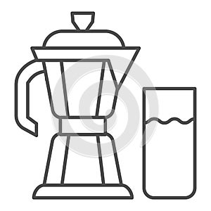 Geyser coffee maker with glass of milk thin line icon, Coffee time concept, moka pot sign on white background, coffee