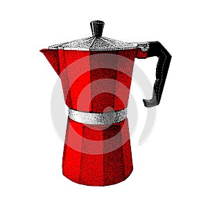 Geyser coffee maker. Moka pot of red color. Italian Moka Express. Vector hand drawn illustration in vintage style