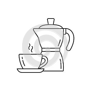 Geyser coffee maker for one serving of espresso. Linear icon of pot, cup with hot drink. Black simple illustration for packaging