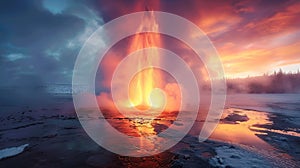 A geyser erupts, sending a plume of water and steam high into the air