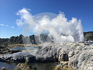 Geyser erupts with white smoke, Te Puia