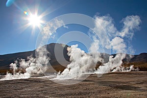 Geyser field El Tatio in back lighting, Chile