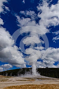 Geyser Old Faithful erupts in Yellowstone National Park in Wyoming, US