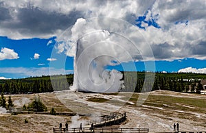 Geyser Old Faithful erupts in Yellowstone National Park in Wyoming, US