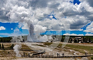 Geyser Old Faithful erupts in Yellowstone National Park in Wyoming, US