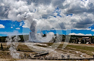 Geyser Old Faithful erupts in Yellowstone National Park in Wyoming, US