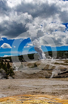 Geyser Old Faithful erupts in Yellowstone National Park in Wyoming, US