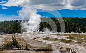 Geyser Old Faithful erupts in Yellowstone National Park in Wyoming, US