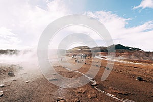 Geyser Valley in the southwest of Iceland. The famous tourist attraction Geysir. Geothermal zone Haukadalur. Strokkur