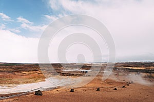 Geyser Valley in the southwest of Iceland. The famous tourist attraction Geysir. Geothermal zone Haukadalur. Strokkur