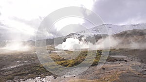 Geyser Valley in the southwest of Iceland. The famous tourist attraction Geysir. Geothermal zone Haukadalur. Strokkur