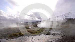 Geyser Valley in the southwest of Iceland. The famous tourist attraction Geysir. Geothermal zone Haukadalur. Strokkur