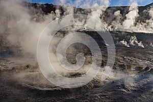 Geysers blowing steam in Los Flamencos National Reserve