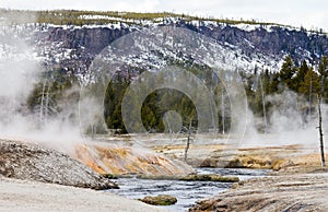 Geysers Create Waterfalls Into The Firehole River