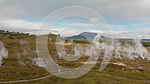 Geysers of New Zealand in Rotorua, panoramic aerial view