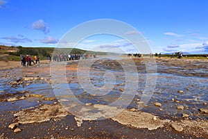 GEYSIR, ICELAND, 14 SEPTEMBER, 2019 : Tourists visiting the famous Geysir area in Iceland, Europe