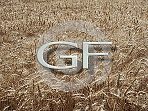 GF letters - gluten free on wheat field background.