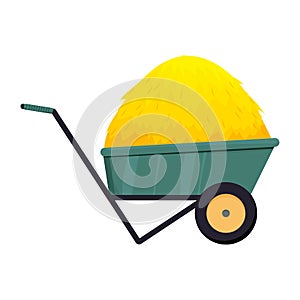 GGreen wheelbarrow with stack of hay, bale in cartoon style isolated on white background stock vector illustration. Agriculture