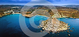 Ghajn Tuffieha, Malta - Aerial panoramic skyline view of the coast of Ghajn Tuffieha with Golden Bay, Riviera Bay