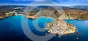 Ghajn Tuffieha, Malta - Aerial panoramic skyline view of the coast of Ghajn Tuffieha with Golden Bay