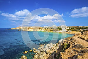 Ghajn Tuffieha, Malta - Panoramic skyline view of Golden Bay, Malta`s most beautiful sandy beach