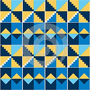 Ghana African tribal Kente cloth style vector seamless textile pattern, geometric nwentoma design in blue and yellow