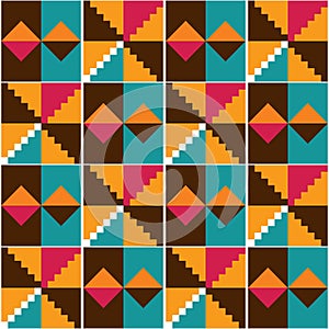 Ghana African tribal Kente cloth style vector seamless textile pattern, geometric nwentoma design in orange, red, brown and turquo