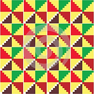 Ghana African tribal Kente cloth style vector seamless textile pattern, geometric nwentoma design in yellow, red, brown and green