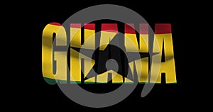 Ghana country name with national flag waving. Graphic layover