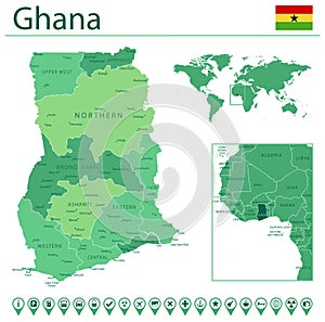 Ghana detailed map and flag. Ghana on world map