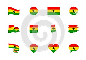 Ghana flag - flat collection. Flags of different shaped twelve flat icons