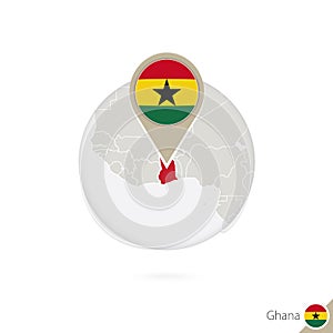 Ghana map and flag in circle. Map of Ghana, Ghana flag pin. Map