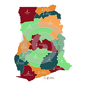 Ghana map and sixteen regions with their capitals