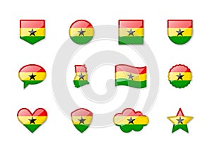 Ghana - set of shiny flags of different shapes.