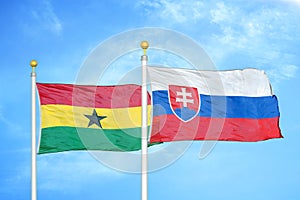 Ghana a Slovensko dve vlajky na stožiaroch a modrá obloha