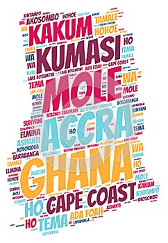 Ghana top travel destinations word cloud photo