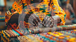 Ghanaian kente cloth weaver creating detailed and vibrant patterns in a morning workshop setting