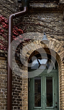 Ghastly green arched door on bricked disquiet facade with red ivy leaves and a water spout beside conveys restlessness