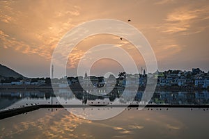 Ghats on the holy Lake of Pushkar, Rajasthan, India, by the sunset