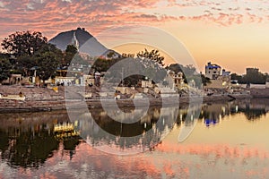 Ghats at Pushkar lake at sunset in Rajasthan. India