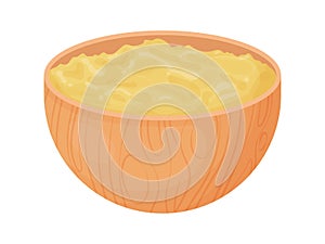 Ghee in wooden bowl. Asia traditional butter in cartoon style. Food ingredient for cooking.