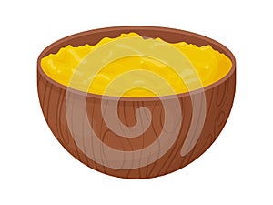 Ghee in wooden bowl with spoon. Asia traditional butter in cartoon style. Food ingredient for cooking.