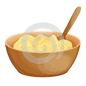 Ghee in wooden bowl with spoon asia traditional butter in cartoon style isolated on white background. Organic