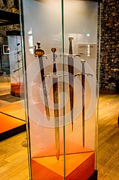 Ghent Belgium - April 15 : Medieval weapon displayed in the musuem inside Gravensteen castle in Ghent, Belgium