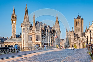 Panoramic view of the Graslei, quay in the promenade next to river Lys in Ghent, Belgium and St