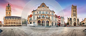 Ghent, Belgium panorama of Sint - Baafsplein square at sunrise,