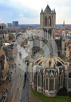 Ghent cathedral from tower on a clouy day