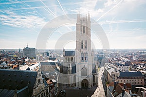Ghent city center with Sint-Baafskathedraal, Flanders region, Belgium
