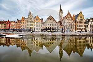 Ghent old town skyline and Graslei district panorama, Belgium